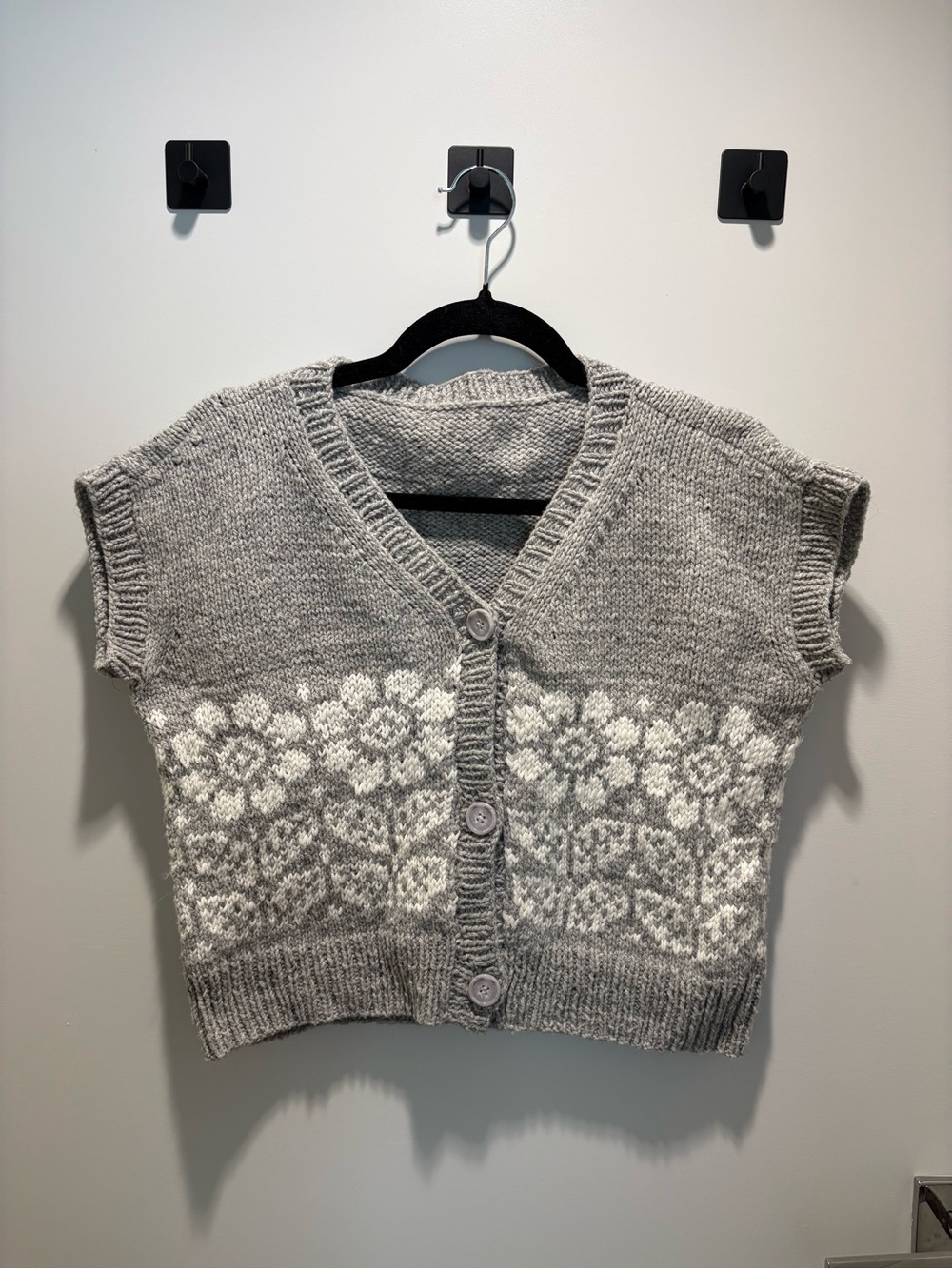 Hand Knit Gray Floral Knit Button-Front Sweater Vest